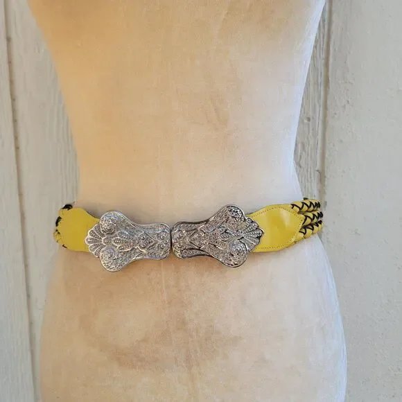 Avignon triple strand leather belt Wide Silver Buckle wmns sz sm yellow - Picture 3 of 7